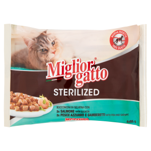 Migliorgatto Sterilized Bocconcini in Gelatina con Salmone - Pesce Azzurro e Gamberetti 4 x 85 g