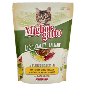 Migliorgatto Le Specialit&agrave; Italiane Appetitosi Croccantini Pollo, Orzo e Piselli Gatto Adulto 400 G